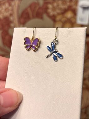 New asymmetrical Purple Butterfly & Blue Dragonfly Dangle Earrings